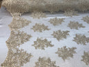 Flower Lace Fabric - Champagne Floral Clusters Embroidered Lace Mesh Fabric Sold By The Yard