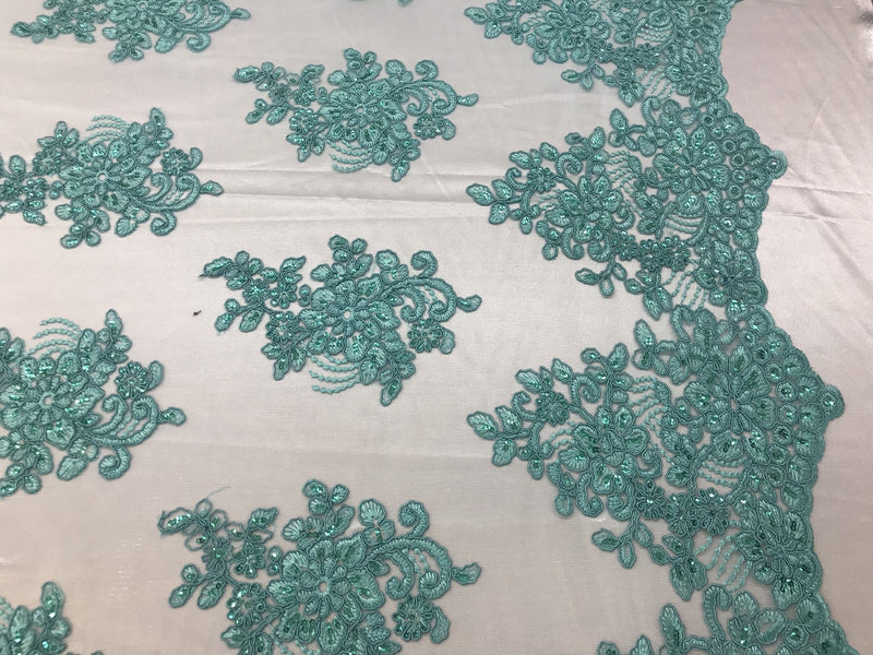 Flower Lace Fabric - Aqua/Mint Floral Clusters Embroidered Lace Mesh Fabric Sold By The Yard