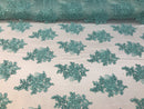 Flower Lace Fabric - Aqua/Mint Floral Clusters Embroidered Lace Mesh Fabric Sold By The Yard