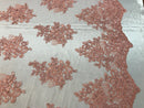 Flower Lace Fabric - Coral Floral Clusters Embroidered Lace Mesh Fabric Sold By The Yard