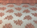Flower Lace Fabric - Coral Floral Clusters Embroidered Lace Mesh Fabric Sold By The Yard