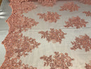 Flower Lace Fabric - Coral Floral Clusters Embroidered Lace Mesh Fabric Sold By The Yard