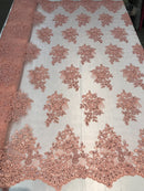 Flower Lace Fabric - Coral Floral Clusters Embroidered Lace Mesh Fabric Sold By The Yard
