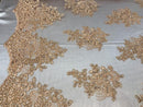 Flower Lace Fabric - Peach Floral Clusters Embroidered Lace Mesh Fabric Sold By The Yard