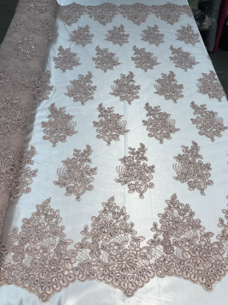 Flower Lace Fabric - Blush Floral Clusters Embroidered Lace Mesh Fabric Sold By The Yard