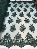 Flower Lace Fabric - Hunter Green Floral Clusters Embroidered Lace Mesh Fabric Sold By The Yard