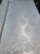 Flower Lace Fabric - Ivory Floral Clusters Embroidered Lace Mesh Fabric Sold By The Yard