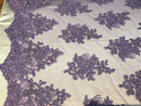 Flower Lace Fabric - Lilac Floral Clusters Embroidered Lace Mesh Fabric Sold By The Yard