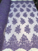 Flower Lace Fabric - Lilac Floral Clusters Embroidered Lace Mesh Fabric Sold By The Yard