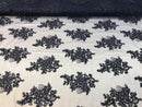 Flower Lace Fabric - Navy Blue Floral Clusters Embroidered Lace Mesh Fabric Sold By The Yard