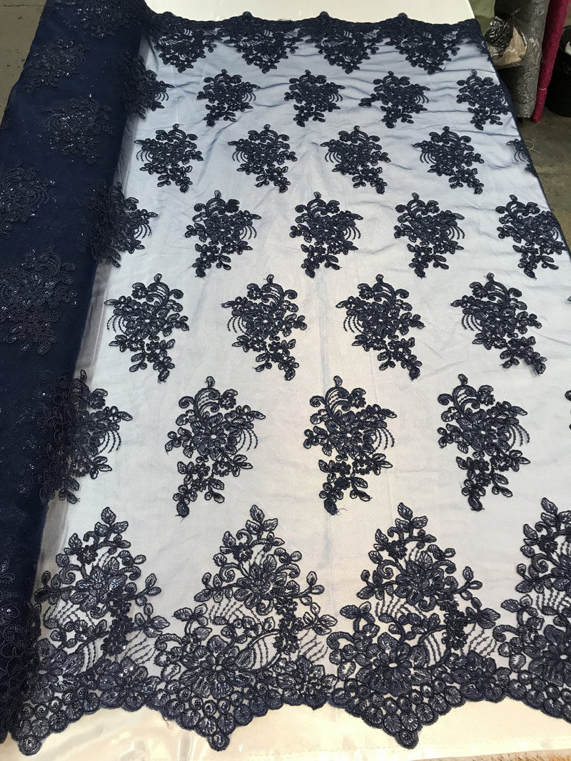 Flower Lace Fabric - Navy Blue Floral Clusters Embroidered Lace Mesh Fabric Sold By The Yard