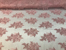 Flower Lace Fabric - Pink Floral Clusters Embroidered Lace Mesh Fabric Sold By The Yard