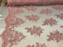 Flower Lace Fabric - Pink Floral Clusters Embroidered Lace Mesh Fabric Sold By The Yard