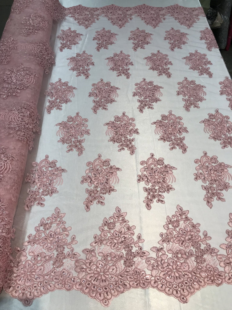 Flower Lace Fabric - Pink Floral Clusters Embroidered Lace Mesh Fabric Sold By The Yard