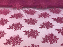 Flower Lace Fabric - Magenta Floral Clusters Embroidered Lace Mesh Fabric Sold By The Yard