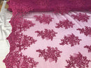 Flower Lace Fabric - Magenta Floral Clusters Embroidered Lace Mesh Fabric Sold By The Yard