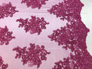 Flower Lace Fabric - Magenta Floral Clusters Embroidered Lace Mesh Fabric Sold By The Yard