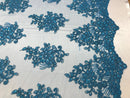 Flower Lace Fabric - Teal Floral Clusters Embroidered Lace Mesh Fabric Sold By The Yard