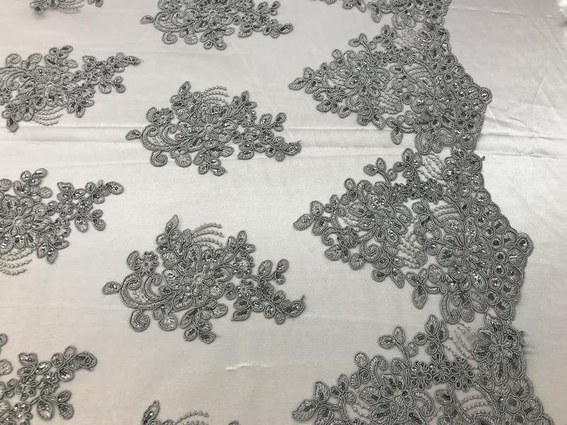 Flower Lace Fabric - Silver Floral Clusters Embroidered Lace Mesh Fabric Sold By The Yard