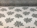 Flower Lace Fabric - Silver Floral Clusters Embroidered Lace Mesh Fabric Sold By The Yard