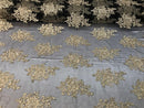 Flower Lace Fabric - Gold/Black Mesh Floral Clusters Embroidered Lace Mesh Fabric Sold By The Yard