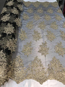 Flower Lace Fabric - Gold/Black Mesh Floral Clusters Embroidered Lace Mesh Fabric Sold By The Yard
