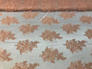 Flower Lace Fabric - Light Peach Floral Clusters Embroidered Lace Mesh Fabric Sold By The Yard