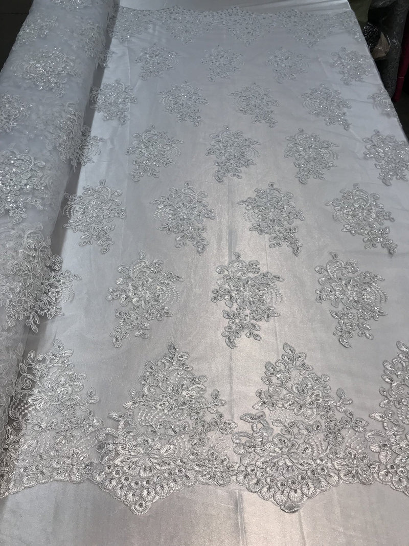Flower Lace Fabric - White Floral Clusters Embroidered Lace Mesh Fabric Sold By The Yard