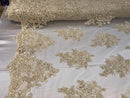 Flower Lace Fabric -Light Beige Floral Clusters Embroidered Lace Mesh Fabric Sold By The Yard