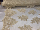 Flower Lace Fabric -Light Beige Floral Clusters Embroidered Lace Mesh Fabric Sold By The Yard