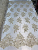 Flower Lace Fabric -Light Beige Floral Clusters Embroidered Lace Mesh Fabric Sold By The Yard