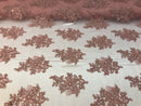 Flower Lace Fabric -Mauve Floral Clusters Embroidered Lace Mesh Fabric Sold By The Yard