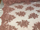 Flower Lace Fabric -Mauve Floral Clusters Embroidered Lace Mesh Fabric Sold By The Yard