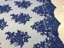 Flower Lace Fabric - Royal Blue Floral Clusters Embroidered Lace Mesh Fabric Sold By The Yard