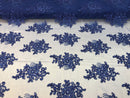 Flower Lace Fabric - Royal Blue Floral Clusters Embroidered Lace Mesh Fabric Sold By The Yard