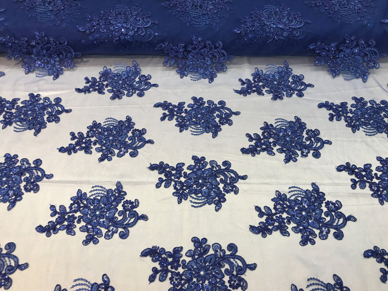 Flower Lace Fabric - Royal Blue Floral Clusters Embroidered Lace Mesh Fabric Sold By The Yard