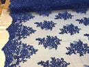 Flower Lace Fabric - Royal Blue Floral Clusters Embroidered Lace Mesh Fabric Sold By The Yard