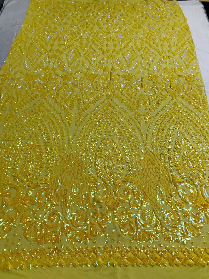 Yellow Iridescent Geometric Design, 4 Way Stretch Sequin Fabric Spandex Mesh-Prom-Gown By The Yard