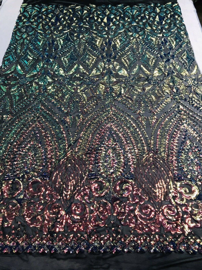 Rainbow Iridescent/Black Mesh Geometric Design, 4 Way Stretch Sequin Fabric Spandex Mesh-Prom-Gown By The Yard