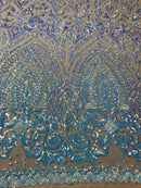 Aqua Iridescent/Blus Mesh Geometric Design, 4 Way Stretch Sequin Fabric Spandex Mesh-Prom-Gown By The Yard