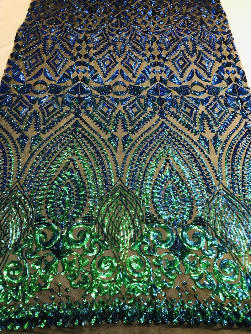 Green Iridescent/Black Mesh Geometric Design, 4 Way Stretch Sequin Fabric Spandex Mesh-Prom-Gown By The Yard