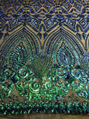 Green Iridescent/Black Mesh Geometric Design, 4 Way Stretch Sequin Fabric Spandex Mesh-Prom-Gown By The Yard