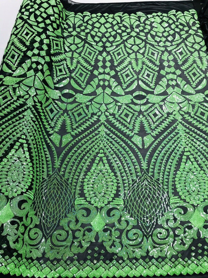 Neon Green Iridescent/Black Mesh Geometric Design, 4 Way Stretch Sequin Fabric Spandex Mesh-Prom-Gown By The Yard