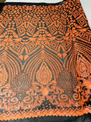 Neon Orange Iridescent/Black Mesh Geometric Design, 4 Way Stretch Sequin Fabric Spandex Mesh-Prom-Gown By The Yard
