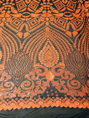 Neon Orange Iridescent/Black Mesh Geometric Design, 4 Way Stretch Sequin Fabric Spandex Mesh-Prom-Gown By The Yard