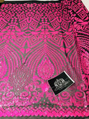 Neon Pink Iridescent/Black Mesh Geometric Design, 4 Way Stretch Sequin Fabric Spandex Mesh-Prom-Gown By The Yard