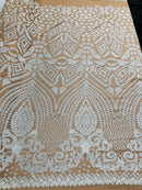 White Sequin Geometric Design, Dark Nude Mesh 4 Way Stretch Sequin Fabric Spandex Mesh-Prom-Gown By The Yard