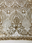Gold Sequin Geometric Design, 4 Way Stretch Sequin Fabric Spandex Mesh-Prom-Gown By The Yard