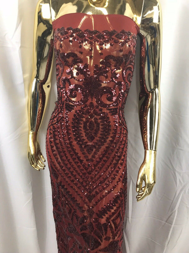 Burgundy Sequin Geometric Design, 4 Way Stretch Sequin Fabric Spandex Mesh-Prom-Gown By The Yard
