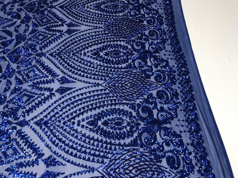 Royal Blue Sequin Geometric Design, 4 Way Stretch Sequin Fabric Spandex Mesh-Prom-Gown By The Yard